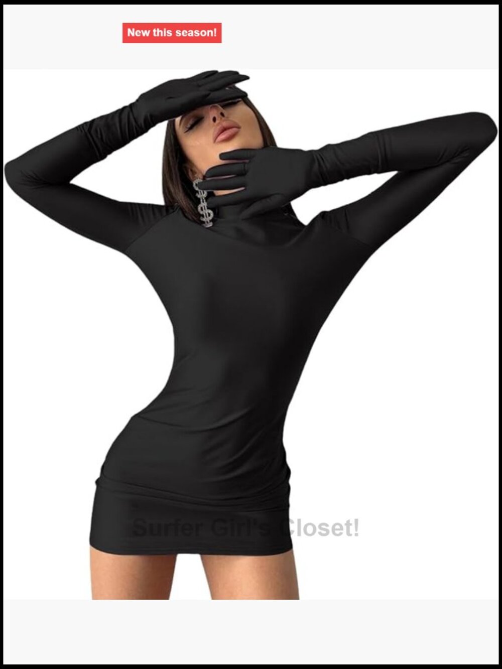 Women's Sexy Turtleneck Mini Dress with Attached Gloves Long Sleeve Bodycon